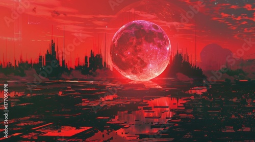 Fototapeta Naklejka Na Ścianę i Meble -  Glitch psychedelic cyberpunk red Moon. Retrofuturism wallpaper background. Technology landscape