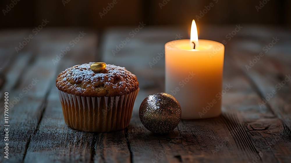 On a wooden table is a solitary muffin with a shinny ball and a lit candle On a wooden table is a solitary muffin with a shinny ball and a lit candle