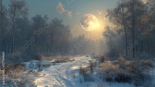 Moonlight illuminating a snowy forest path during a tranquil winter evening