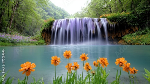 A breathtaking scene unfolds before your eyes as a majestic purple waterfall cascades down into a tranquil pool, surrounded by vibrant flowers and lush greenery
