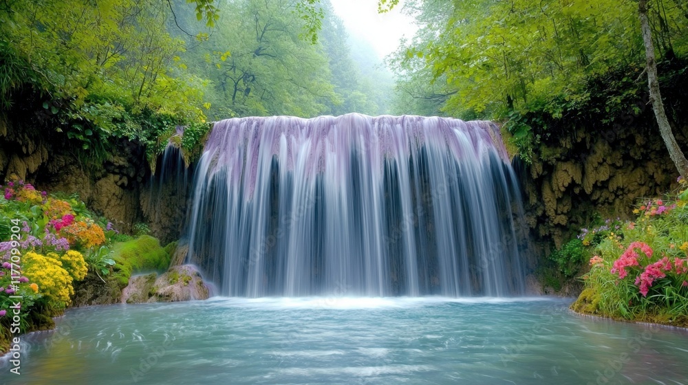 Obraz premium A breathtaking scene unfolds before your eyes as a majestic purple waterfall cascades down into a tranquil pool, surrounded by vibrant flowers and lush greenery