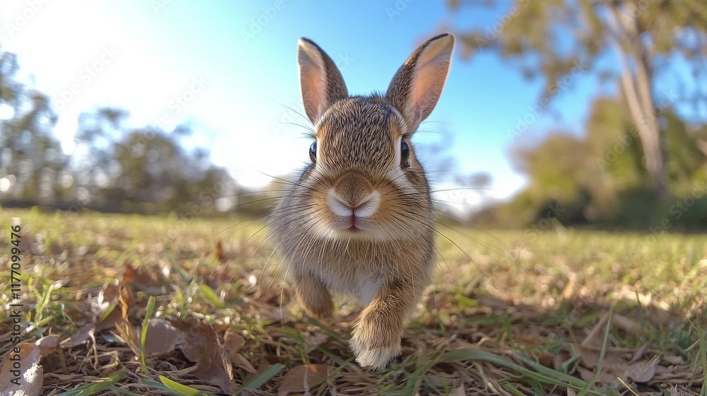 Fototapeta premium Rabbit hopping joyfully across a grassy field under a clear blue sky