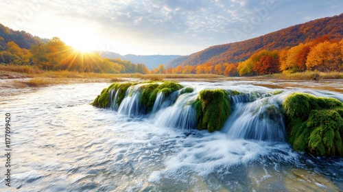 The sunlight peeked through the colorful foliage, casting a golden glow on the crystal clear water cascading down the lush green moss covered rocks photo