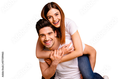 Close-up portrait of his he her she two nice attractive cheerful cheery optimistic people wife husband having fun spare free time isolated over vivid shine bright yellow background #1177099463