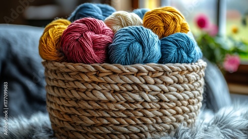 Colorful yarn balls displayed in a woven basket at a craft store in a cozy se...