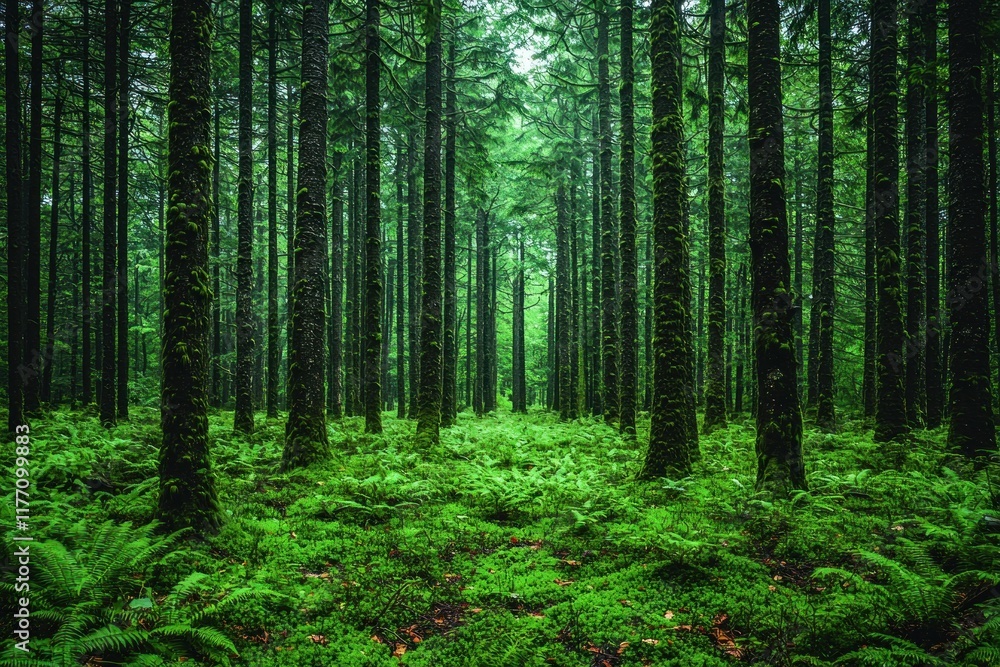 Lush green fern covered forest floor between tall trees in misty woods Lush green fern covered forest floor between tall trees in misty woods