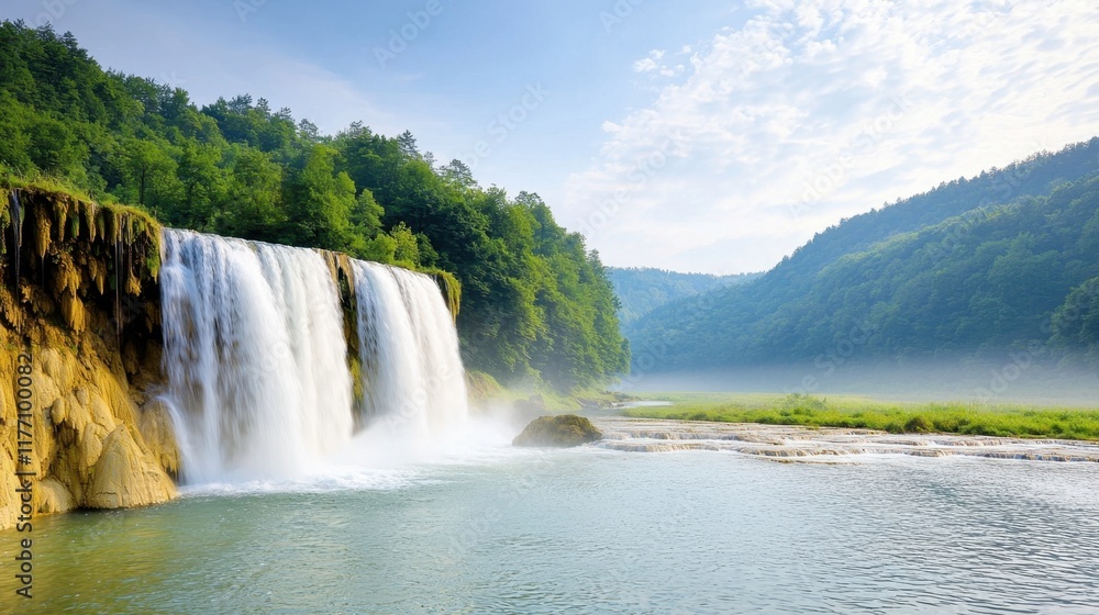 Fototapeta premium Amidst the lush greenery of the dense forest, a majestic cascade of water tumbles gracefully down a rugged rock face