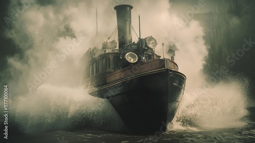 A steam engine powering a paddle steamer, churning through the water.