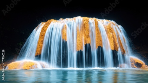 A stunning waterfall cascading down a rocky cliff, with the water appearing crystal clear and shimmering in the sunlight against a dark black background, creating a sense of serenity and tranquility.