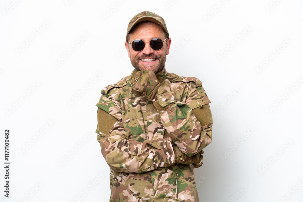 Military man isolated on white background with glasses and smiling Military man isolated on white background with glasses and smiling