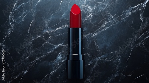 Stylish red lipstick on a marble surface showcasing vibrant color and eleganc...