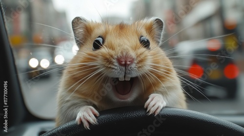 Happy hamster enjoys a snack while sitting on a soft surface at home