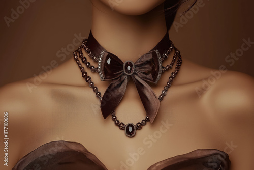 woman's décolletage adorned with mocha brown layered bow shaped necklace featuring intricate beadwork and luxurious satin details photo