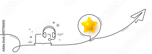 Consult line icon. Continuous line with share plane. Online consulting sign. Laptop with headset symbol. 3d star in speech bubble. Consult single line ribbon. Loop curve pattern. Vector