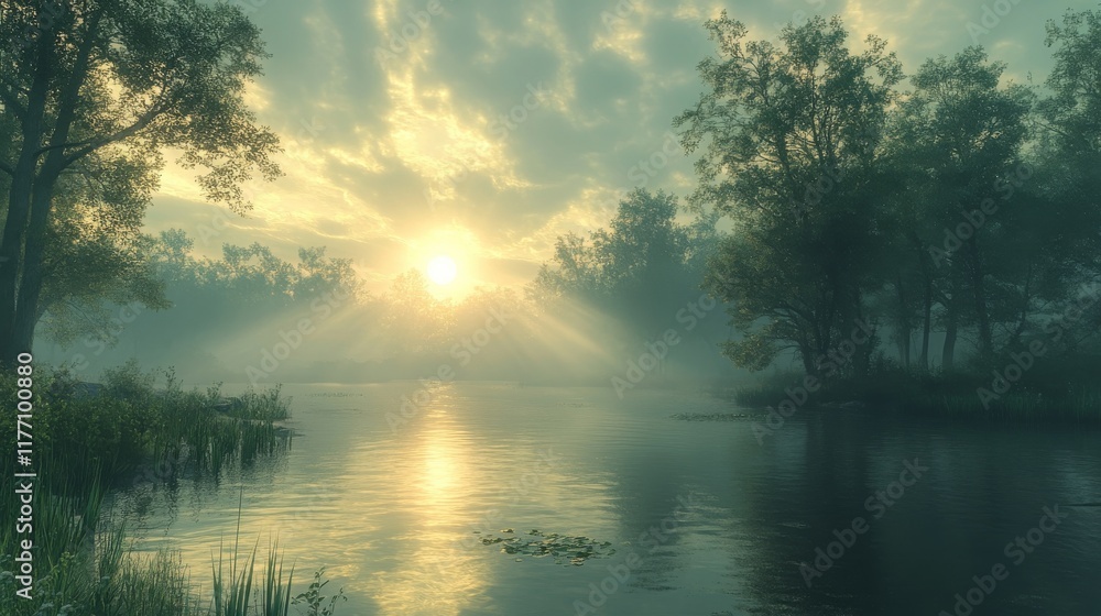 Sunrise over calm waters with mist and trees reflecting in the serene landscape Sunrise over calm waters with mist and trees reflecting in the serene landscape