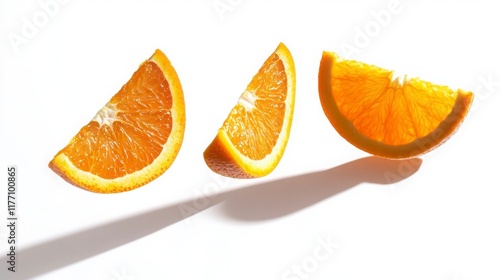 Three Orange Slices on White Background with Shadows