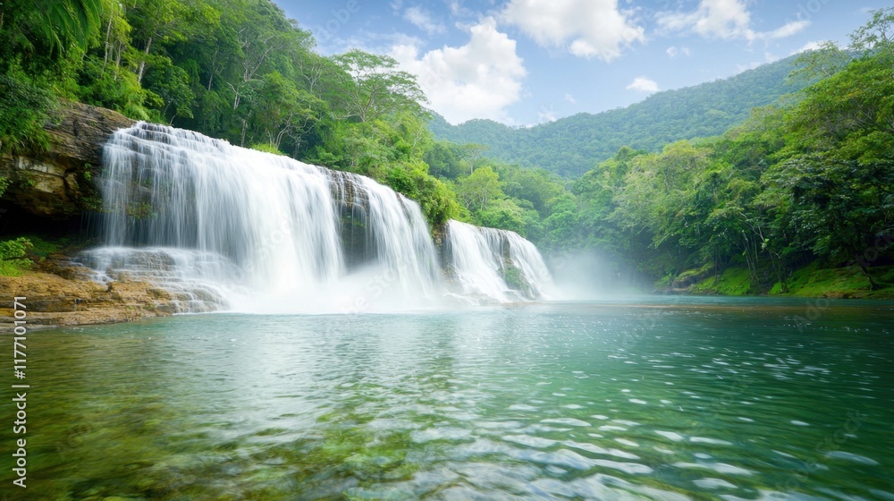 Fototapeta premium The deep rain forest jungle waterfall cascades down a series of lush green cliffs, feeding into a crystal clear pool below surrounded by vibrant, diverse flora and fauna.