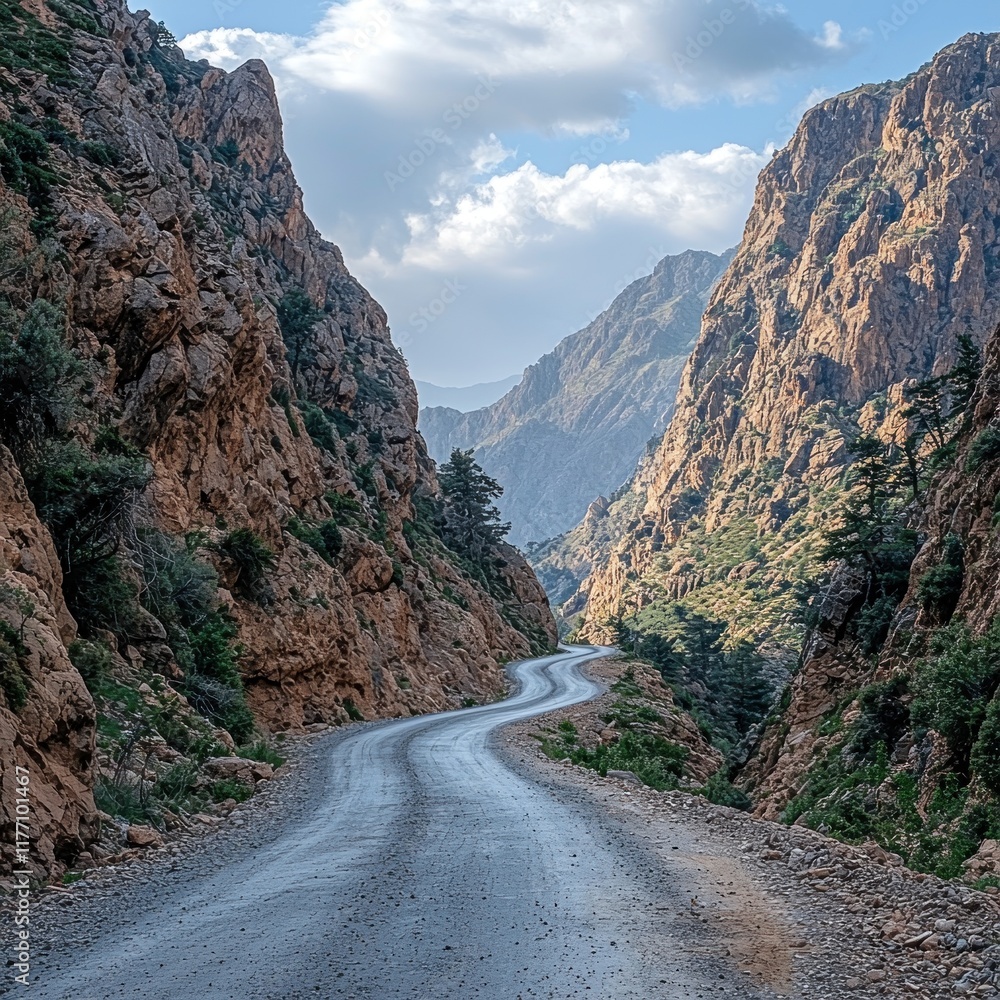 Fototapeta premium Winding mountain road through a rocky gorge with distant peaks under a cloudy sky