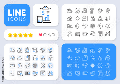 5g technology, Face declined and Report line icons for web app. Message, Share, Like social media icons. Pack of Globe, Device, Energy price pictogram icons. Vector