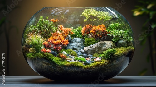 Vibrant miniature garden in a glass terrarium showcasing seasonal colors and ...