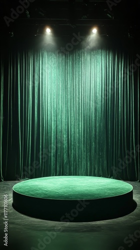 Elegant green velvet stage with circular platform and chair in a dramatic the...