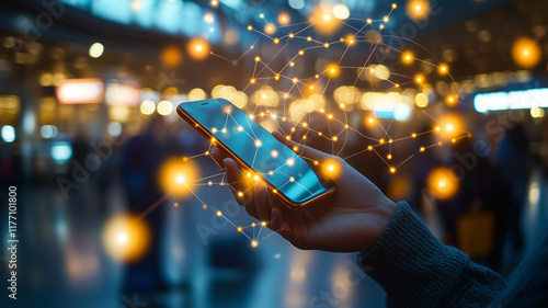 person holding smartphone with glowing network connections, symbolizing technology and communication in busy environment. image captures essence of connectivity and modern life photo