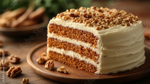Deliciously layered cake with creamy frosting and walnut topping on wooden se...