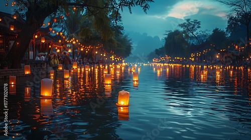 Floating Lanterns Illuminate Riverbank at Dusk photo