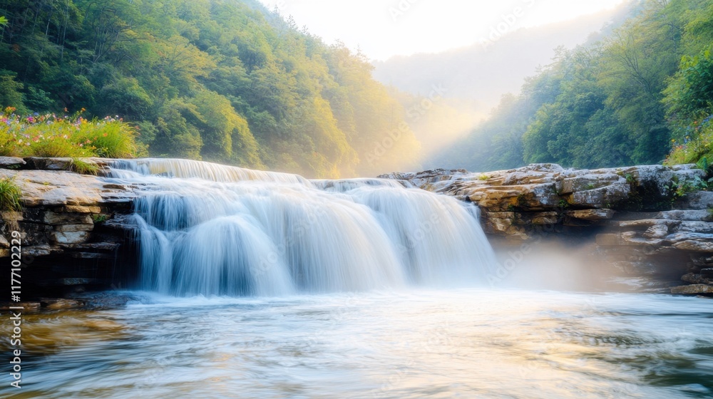 Fototapeta premium The shimmering cascade of water gracefully tumbles down a series of rocky tiers, surrounded by a lush green forest of towering trees and colorful wildflowers
