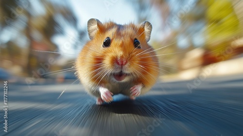 Curious hamster exploring a shiny tunnel in a cozy indoor environment during daylight photo