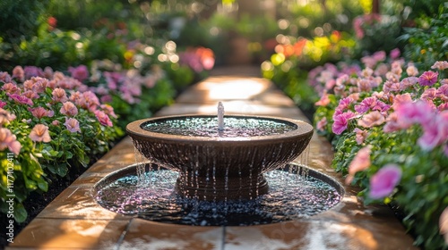 Beautiful garden fountain surrounded by colorful flowers during sunny afternoon