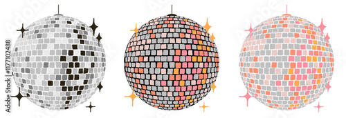 Disco ball vector illustration set with mirror tiles and sparkling effects
