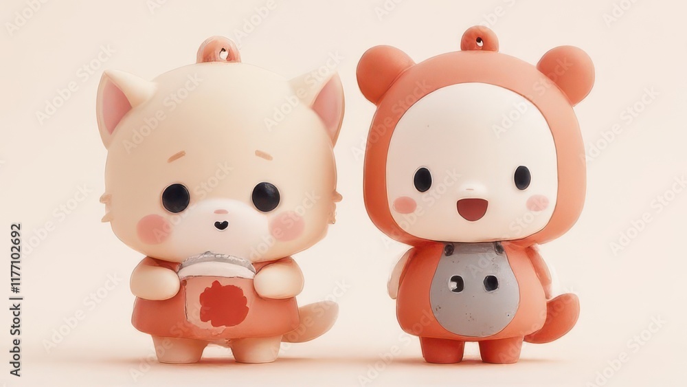 Cute animal figurines studio shot, peach background, keychains. Cute animal figurines studio shot, peach background, keychains.