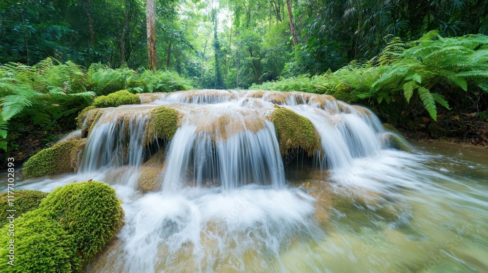 The waterfall cascades gracefully down a series of moss covered rocks, surrounded by lush green ferns and towering trees in the dense jungle of Phu Tub Berk