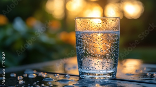 Refreshing glass of water with condensation at sunset in a peaceful garden se...