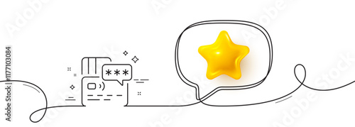 Credit card line icon. Continuous line with 3d star. Bank money payment sign. Password protection symbol. 3d star in speech bubble. Card single line ribbon. Loop curve pattern. Vector