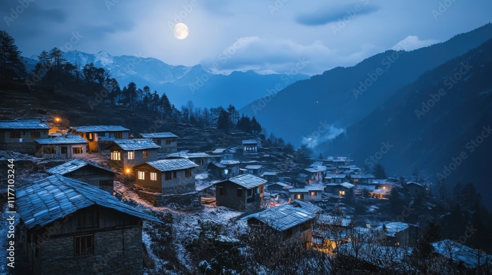 Fototapeta premium Moonlit Himalayan Village: A Night in the Mountains