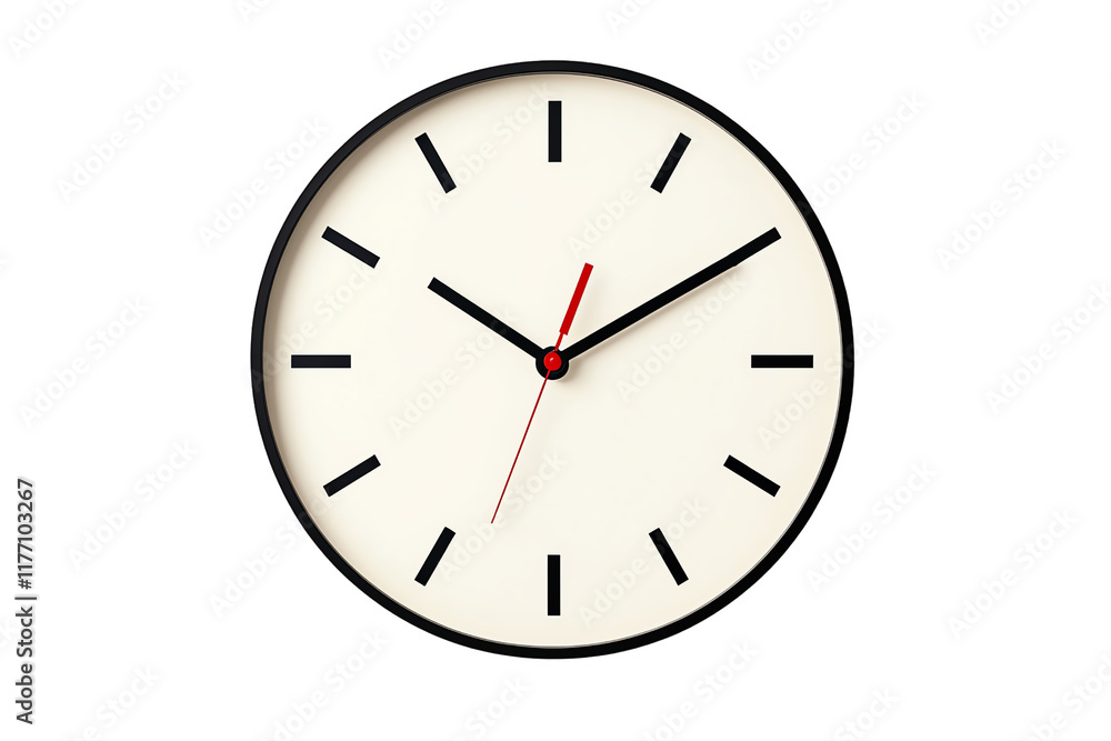 A minimalist wall clock with bold black hour markers and a contrasting red second hand on a white face. A minimalist wall clock with bold black hour markers and a contrasting red second hand on a white face.