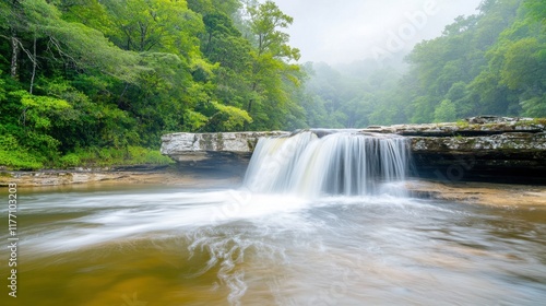 The journey to the stunning waterfall in the dense forest of the natural park offers a tranquil escape surrounded by lush greenery and the soothing sound of the flowing stream.