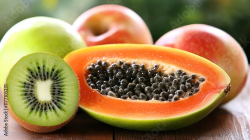 A vibrant and healthy mix of tropical fruits, including a juicy papaya, a kiwi, and apples. Perfect for a refreshing snack or a healthy addition to your diet.