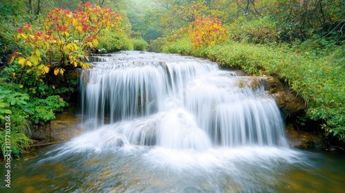 A beautiful waterfall cascades down a series of rocky tiers, surrounded by lush greenery and colorful blooms, creating a tranquil oasis in the heart of the Thai jungle.