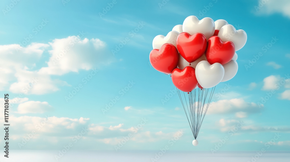 Fototapeta premium Heart shaped balloons floating in blue sky with clouds