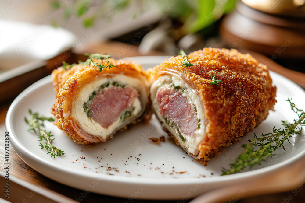 crispy cordon bleu cut in half showing ham and cheese filling on a white plate, a classic european dish crispy cordon bleu cut in half showing ham and cheese filling on a white plate, a classic european dish