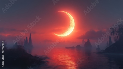 Crescent moon illuminates dark landscape with ethereal glow at twilight