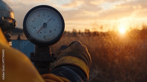 Checking Gas Meter in Warm Rural Sunset Light photo