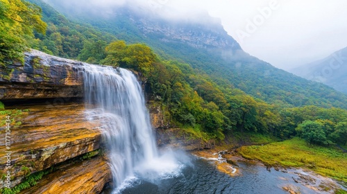 The waterfall cascades down the rocky mountain face, sending a veil of mist and the sound of rushing water throughout the lush forest.