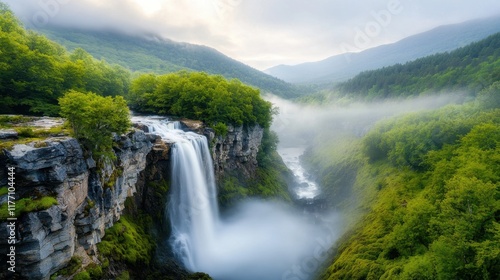 The waterfall cascades down the rocky mountain face, sending a veil of mist and the sound of rushing water throughout the lush forest.