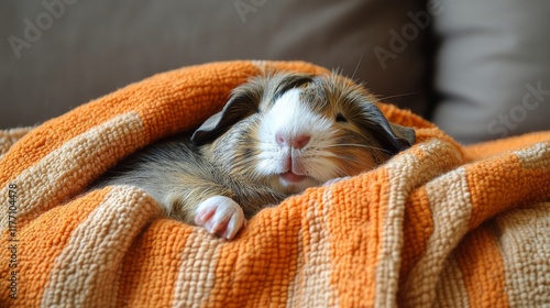 Cute orange guinea pig relaxing on a cozy knitted bed in a warm, inviting hom...