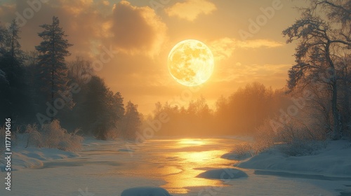 Moonlight illuminating a snowy forest path during a tranquil winter evening