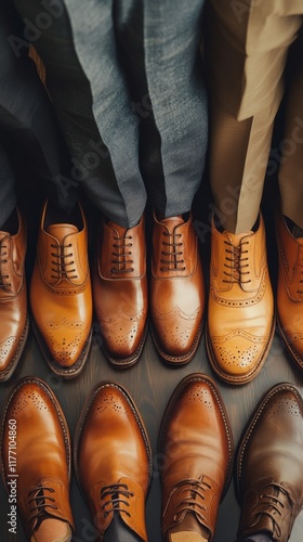 Elegant collection of polished men's shoes arranged in a stylish display on a...